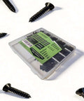 625 Piece Self Tapping Screws Set With 14 Sizes M2 M3 M4 Pan Head Phillips Drive shown in a labeled transparent storage box
