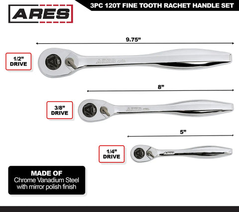 Diagram of 120 Tooth Ratchet Set With 1/4-Inch, 3/8-Inch, And 1/2-Inch Drives, showing sizes and chrome vanadium steel material