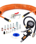 Top Shelf 18 Piece Air Compressor Accessories Kit Featuring 25 Ft Recoil Poly Hose And 100 PSI Tire Inflator Gauge plus blow gun and fittings.