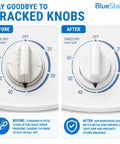 Before and after image showing cracked knob replaced by Durable Dryer Timer Knob With Reinforced Metal Ring, Fits GE And Hotpoint Dryers.