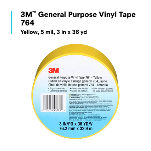 Vinyl Tape 764 General Purpose Yellow 3 Inch By 36 Yard Roll packaging with label details