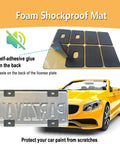 Foam shockproof mat with self-adhesive backing for license plate protection, shown with yellow convertible car and metal plate.
