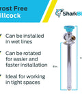 Frost Free Sillcock Outdoor Faucet With Push To Connect Inlet And Three Quarter Inch Hose Outlet Brass Construction With Chrome Blue Finish displayed with installation features.