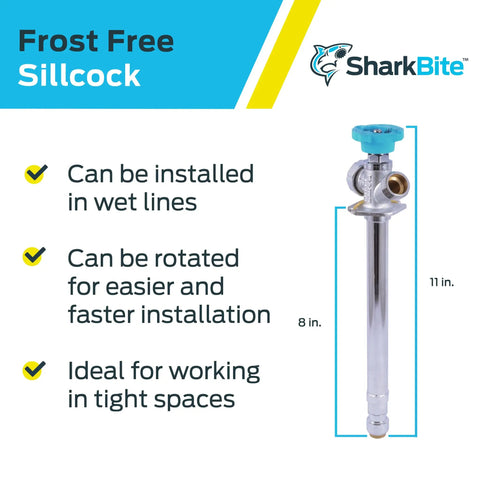 Frost Free Sillcock Outdoor Faucet With Push To Connect Inlet And Three Quarter Inch Hose Outlet Brass Construction With Chrome Blue Finish displayed with installation features.