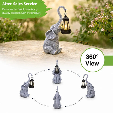 Elephant Statue Garden Decor With East Asian Charm, cute figurine holding solar lantern on patio with flowers