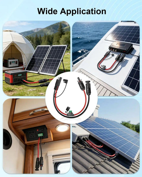 Solar Panel Connector To SAE Adapter Cable 1FT 10AWG With Fuse And Polarity Reversal For RV Solar Charger Kit in use outdoors