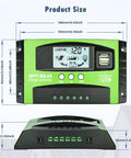 Front and side view of 30A MPPT Solar Charge Controller for 12V 24V systems with LCD, dual USB, load control, outdoor green design