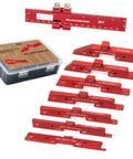 Eight Piece 6061 T651 Aluminum Table Setup Blocks For Woodworking With Height Depth Angle And Fence Alignment Gauges CNC Precision 0.001 Inch Laser Marked Durable Storage Case, showing red blocks and case.