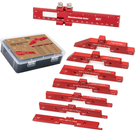 Eight Piece 6061 T651 Aluminum Table Setup Blocks For Woodworking With Height Depth Angle And Fence Alignment Gauges CNC Precision 0.001 Inch Laser Marked Durable Storage Case, showing red blocks and case.