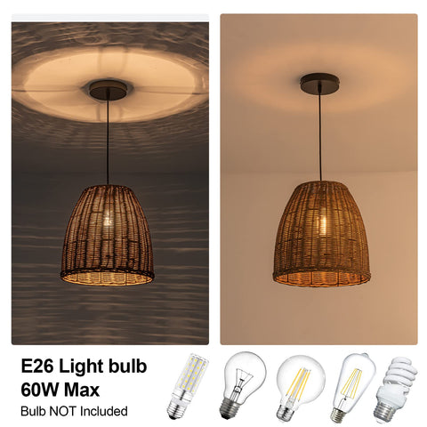 Farmhouse Rattan Pendant Lighting 11.81 Inch Woven Wicker Ceiling Fixture For Kitchen Island Dining Room Bedroom And Foyer Rustic