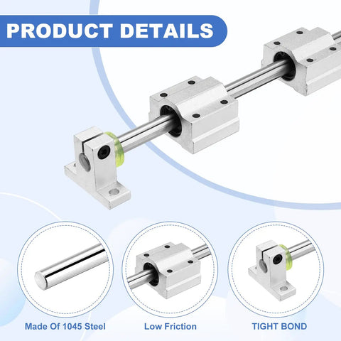 10mm By 600mm Linear Motion Rod Shaft Guide Kit with SC10UU bearings and SK10 rail supports, hard chrome plated rails.