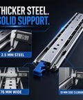 Beefy Heavy Duty Drawer Slides With Lock 500 Lb Capacity Full Extension Side Mount Ultra Smooth Quiet Operation Industrial Grade Steel Ball Bearings Durable 2.5mm Q235 Steel, 2.5 mm steel and 76 mm wide