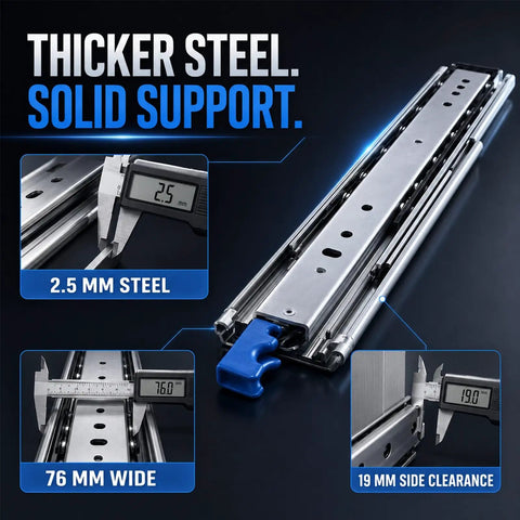 Beefy Heavy Duty Drawer Slides With Lock 500 Lb Capacity Full Extension Side Mount Ultra Smooth Quiet Operation Industrial Grade Steel Ball Bearings Durable 2.5mm Q235 Steel, 2.5 mm steel and 76 mm wide
