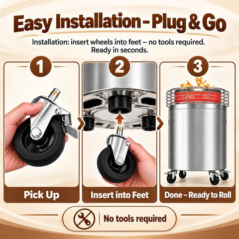 Easy installation of Smooth Rolling Replacement Caster Wheels For Outdoor Fire Pits And Patio Heaters with plug-and-go setup.