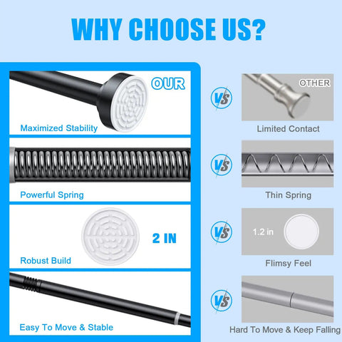 Comparison of adjustable shower curtain rod features: maximized stability, powerful spring, robust build against other rods.