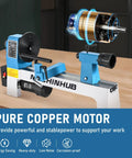 Compact Benchtop Wood Lathe 8x12 Inch Bed 1/3 HP with pure copper motor on a wooden workbench.