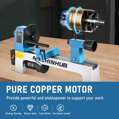 Compact Benchtop Wood Lathe 8x12 Inch Bed 1/3 HP with pure copper motor on a wooden workbench.