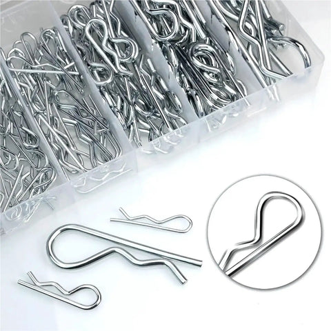 R Clip Wave Style Cotter Pin Set 200 300 Pieces Steel Spring Split Clips Fasteners in box with close-up view