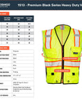Rock Solid Heavy Duty Reflective Safety Vest Designed For Road Crews And Night Shift Workers Featuring Kickass Ansi Class Two Visibility Cool Airflow Mesh Fabric Six Utility Storage Pockets And Bold Orange Contrast Edging In Extra Large sizing chart and technical data.