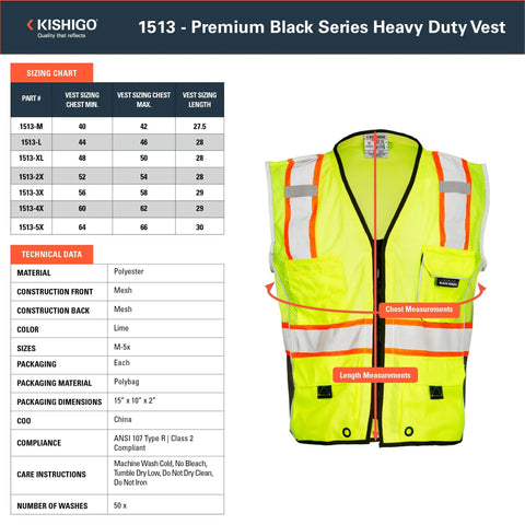 Rock Solid Heavy Duty Reflective Safety Vest Designed For Road Crews And Night Shift Workers Featuring Kickass Ansi Class Two Visibility Cool Airflow Mesh Fabric Six Utility Storage Pockets And Bold Orange Contrast Edging In Extra Large sizing chart and technical data.