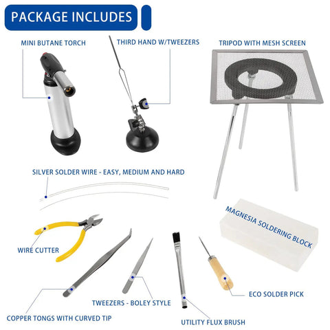 Package contents of Jewelry Soldering Kit With Silver Solder Wire And Butane Torch for crafting and repairs.