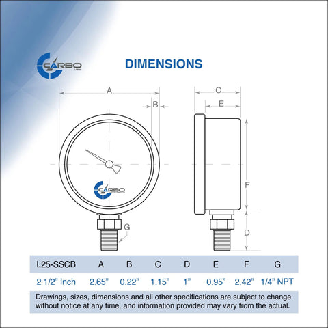 Front & side view of CARBO glycerin-filled pressure gauge, 2.5-inch dial, 1/4 NPT lower mount, stainless steel case