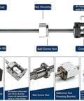20mm CNC Ballscrew Kit SFU2005 RM2005 Anti Backlash For Nema 34 Motor L 64.96 Inch 1650mm With BK BF15 Bearing Blocks Plus Coupler And Housing, shown with screw, nut, and end supports