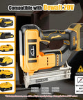 Smooth Operator 18 Gauge Cordless Brad Nailer And Stapler Brushless Design showing compatibility with DeWalt 20V batteries and fasteners.