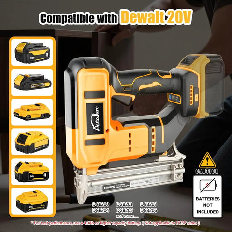 Smooth Operator 18 Gauge Cordless Brad Nailer And Stapler Brushless Design showing compatibility with DeWalt 20V batteries and fasteners.
