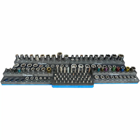 All In One Socket Organizer For 1/4 And 3/8 Drives With SAE And Metric Sizes, Deep And Standard Sockets, Includes A 50 Bit Hex Holder, Holds 80 Sockets And 50 Bits In A Tough Box For Quick No Fuss Access In Your Shop Or Garage