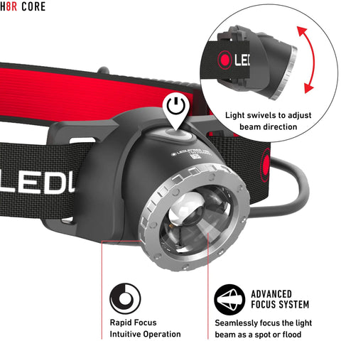 Ultimate Hands Free Headlamp Blasting Six Hundred Lumens Up To One Hundred Fifty Meters Away Great For Work Hard Hats And Nighttime Adventures With Red Rear Safety Light And Advanced Focus System Lightweight At One Hundred Fifty Eight Grams showing advanced focus and swivel adjustment.