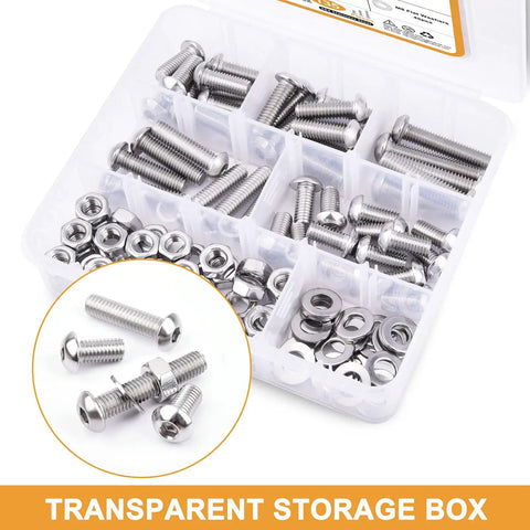 M8 Button Head Socket Cap Screws Kit 16 20 25 30 40mm Lengths 1.25mm Pitch Internal Hex Drive 5mm Allen Includes Washers Nuts Heavy Duty Stainless Steel 304 Bright Finish 135 Piece Set in storage box