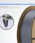 Grey 1.75mm filament spool with caliper showing precision, highlighting "Orange PLA Filament 1.75mm 1kg Spool For Most FDM 3D Printers."