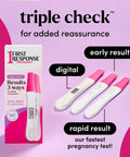 Triple Pack Pregnancy Test Kit With Early Result Digital Readout And Rapid Result Sticks Over Ninety Nine Percent Accuracy Detects All Forms Of HCG In About Three Minutes box and three test sticks