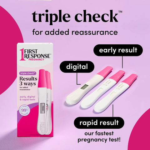 Triple Pack Pregnancy Test Kit With Early Result Digital Readout And Rapid Result Sticks Over Ninety Nine Percent Accuracy Detects All Forms Of HCG In About Three Minutes box and three test sticks