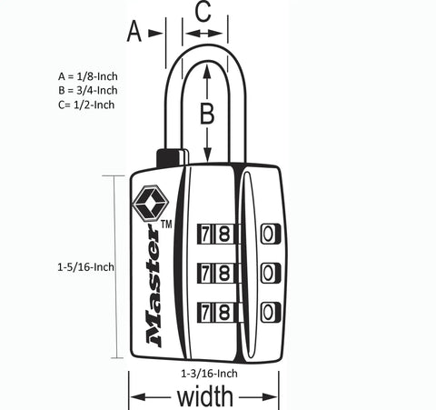 Diagram of TSA Approved Luggage Lock with wide lock body and thin steel shackle, resettable 3-digit combination dimensions shown.
