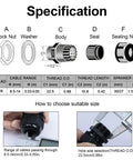 Diagram showing PG16 Cable Glands Set, 20 Pack with specifications and sizing guide for waterproof adjustable range 8.5 to 14mm cables