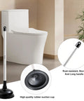 Heavy Duty Toilet Plunger And Brush Set With Nifty Hideaway Stand For No Fuss Bathroom Refresh, featuring a long rust-resistant handle and rubber suction cup.