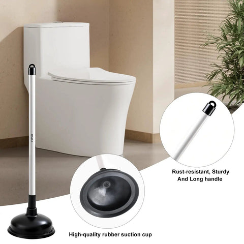 Heavy Duty Toilet Plunger And Brush Set With Nifty Hideaway Stand For No Fuss Bathroom Refresh, featuring a long rust-resistant handle and rubber suction cup.