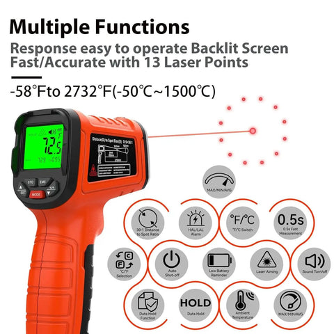 Non Contact Infrared Thermometer Gun With 50 To 1 Distance To Spot, 13 Laser Points, And Wide Temperature Range display