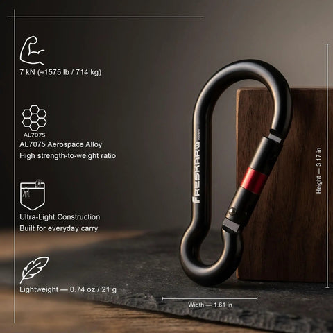 Heavy Duty Carabiner Clip With Spring Snap Wire Gate 3 Inch Aluminum Karabiner next to specs on table