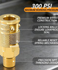 48 Piece One Quarter Inch Quick Connect Air Hose Fittings Kit With Swivel Brass Plated Pneumatic Tool Couplers And Plugs Set For Pneumatic Tools Built To Last Heavy Duty Leak Proof 300 PSI brass fitting close-up