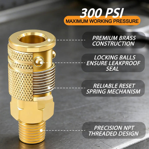 48 Piece One Quarter Inch Quick Connect Air Hose Fittings Kit With Swivel Brass Plated Pneumatic Tool Couplers And Plugs Set For Pneumatic Tools Built To Last Heavy Duty Leak Proof 300 PSI brass fitting close-up