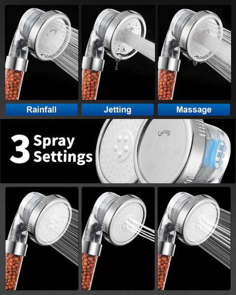 Filtered Shower Head For Hard Water With High Pressure, 3 Modes Plus Handheld Spray, mineral beads visible, 3 spray settings.