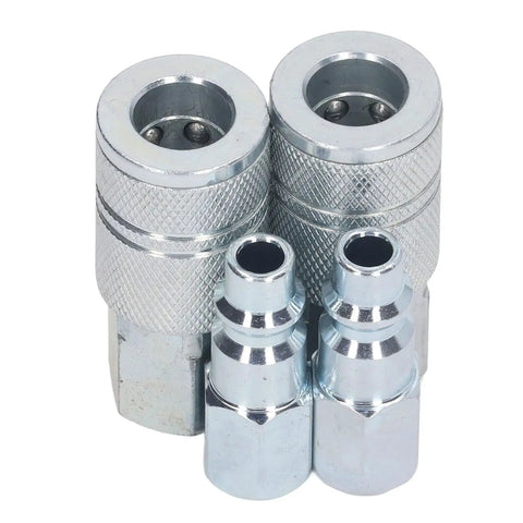 Bad Boy Heavy Duty Air Hose Fittings Rock Solid Three Eighths Inch Npt Air Coupler Plug Kit with shiny steel six ball coupler plugs.