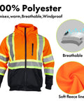 High Visibility ANSI Class 3 Reflective Safety Fleece Hoodie For Men With Detachable Hood Full Zip Orange With Black Hem Heavy 9.88oz