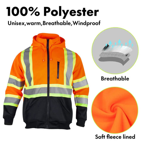 High Visibility ANSI Class 3 Reflective Safety Fleece Hoodie For Men With Detachable Hood Full Zip Orange With Black Hem Heavy 9.88oz