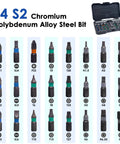 24 In 1 Magnetic Ratchet Screwdriver Set With Detachable Handle; close-up of bits including Philips, Slotted, Torx and Hex.