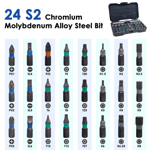 24 In 1 Magnetic Ratchet Screwdriver Set With Detachable Handle; close-up of bits including Philips, Slotted, Torx and Hex.