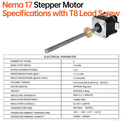 NEMA 17 stepper motor with T8 lead screw and brass coupling, angled side view